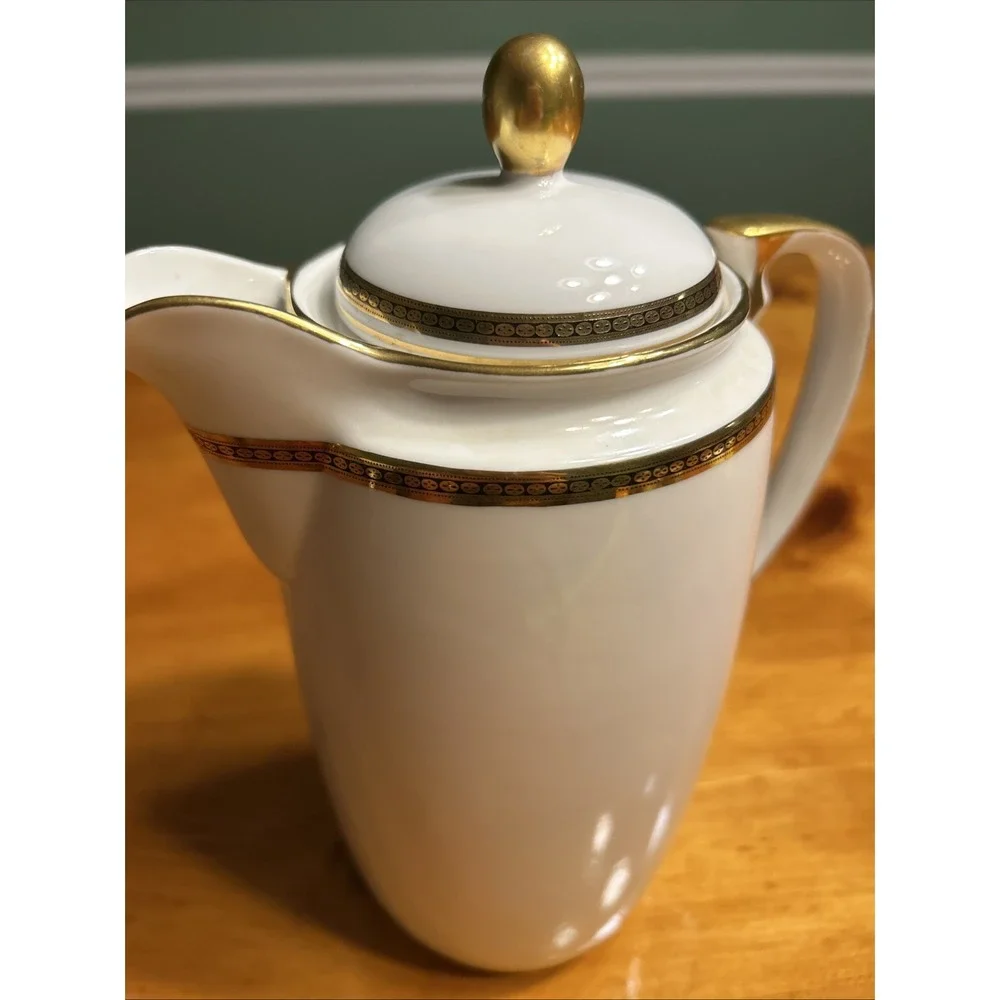 Vintage White Porcelain Coffee Pot Gold Black Greek‎ Key Trim Gilded Tea Server